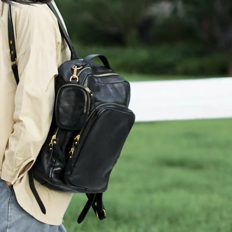 

fashion high quality first layer cowhide men's women's backpack outdoor travel work genuine leather brand black laptop bagpack