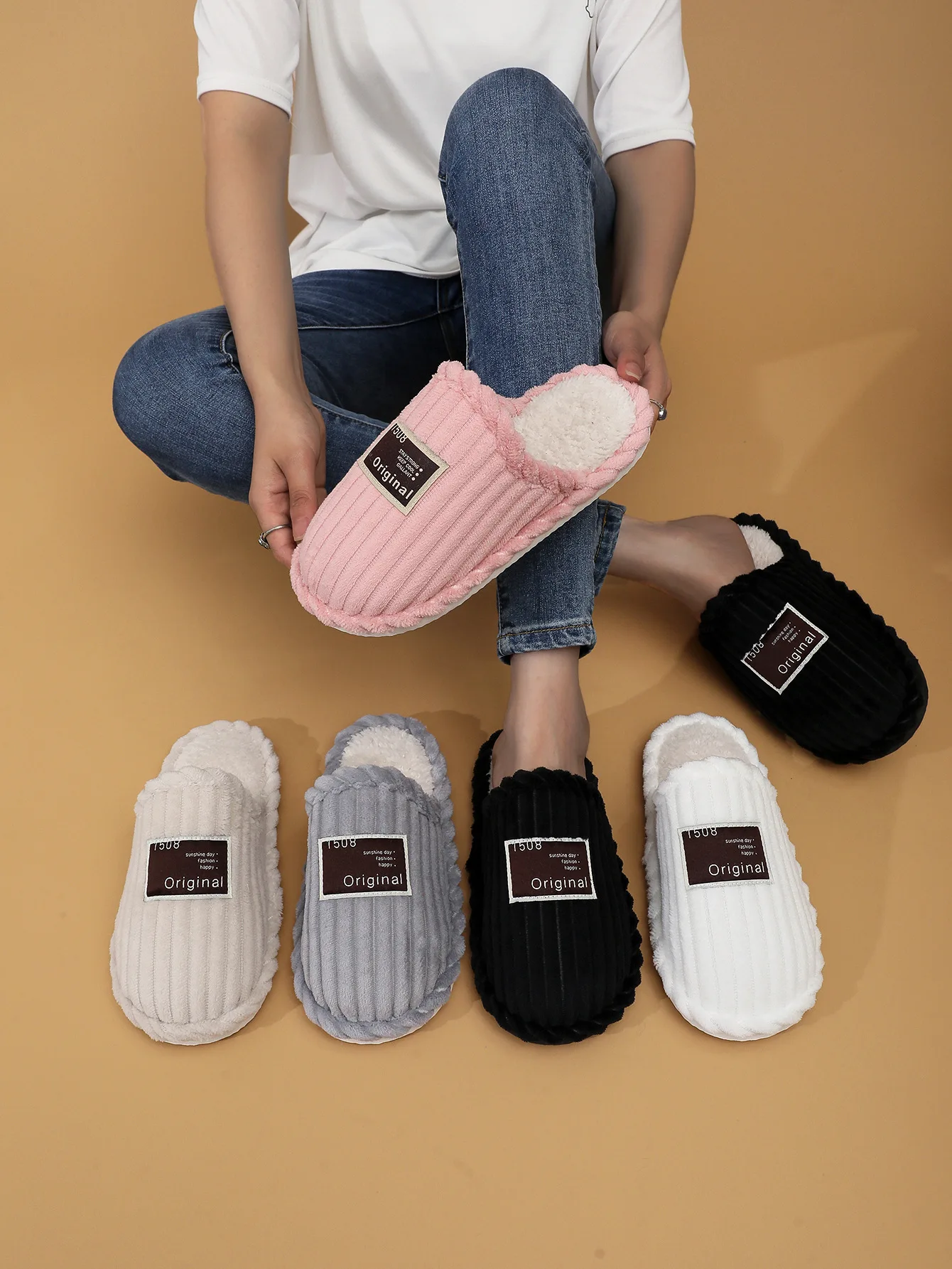Herren-Hausschuhe, rutschfeste Baumwoll-Slides, wärmende Plüschschuhe, modische Winter-Hausschuhe, bequeme Damenschuhe. – Detail 2