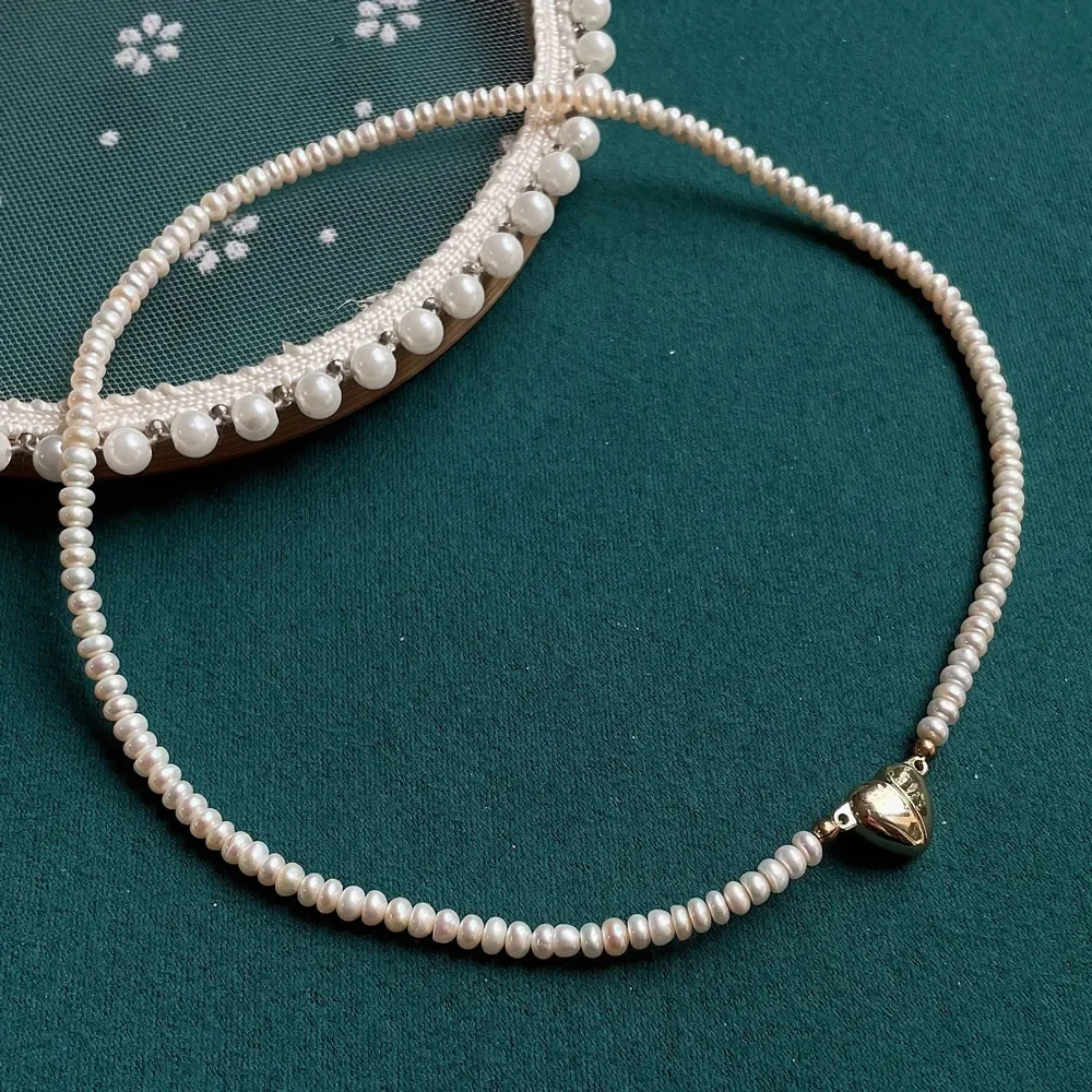 Natural Freshwater Pearl Choker Necklace for Women Golden Magnetic Clasp Heart Charm Small Button Baroque Pearl Necklace Luxury