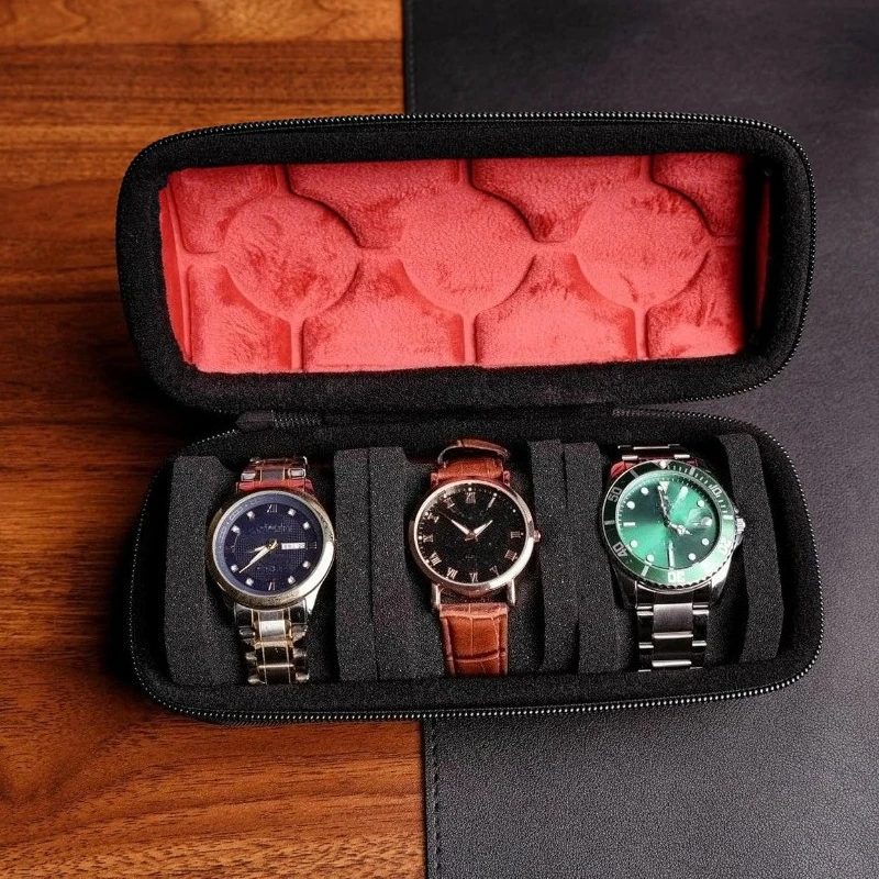 3 slots Watch travel case,Hard watch roll, travel watch case organizer holder with form-fitting pillow, red microfiber lining