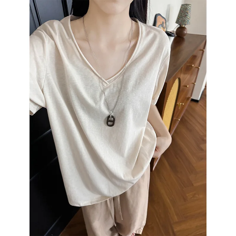 

Snowflake Texture Rolled Hem Short Sleeve T-Shirt for Women Summer New Loose Fit Slimming Regular Shoulder Half Sleeve Top