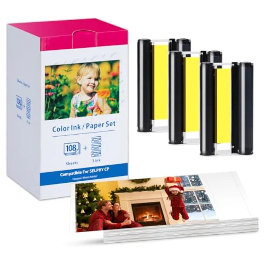 

Compatible for Canon Selphy CP1500 CP1300 Ink and Paper for Canon Photo Paper 4x6 Inch Color Ink and Paper Set 3 Ink + 108 Shee