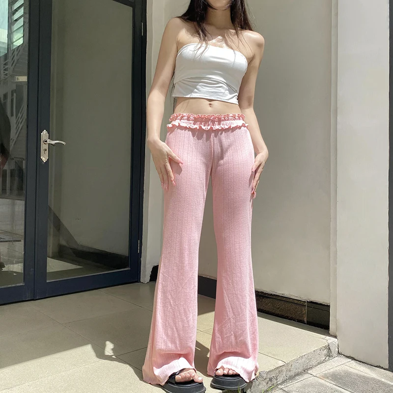 Darlingaga Korean Fashion Pink Ruched Knitted Flared Pants Harajuku Sweet Homewear Slim Trousers Cute Coquette Bow Elastic Waist