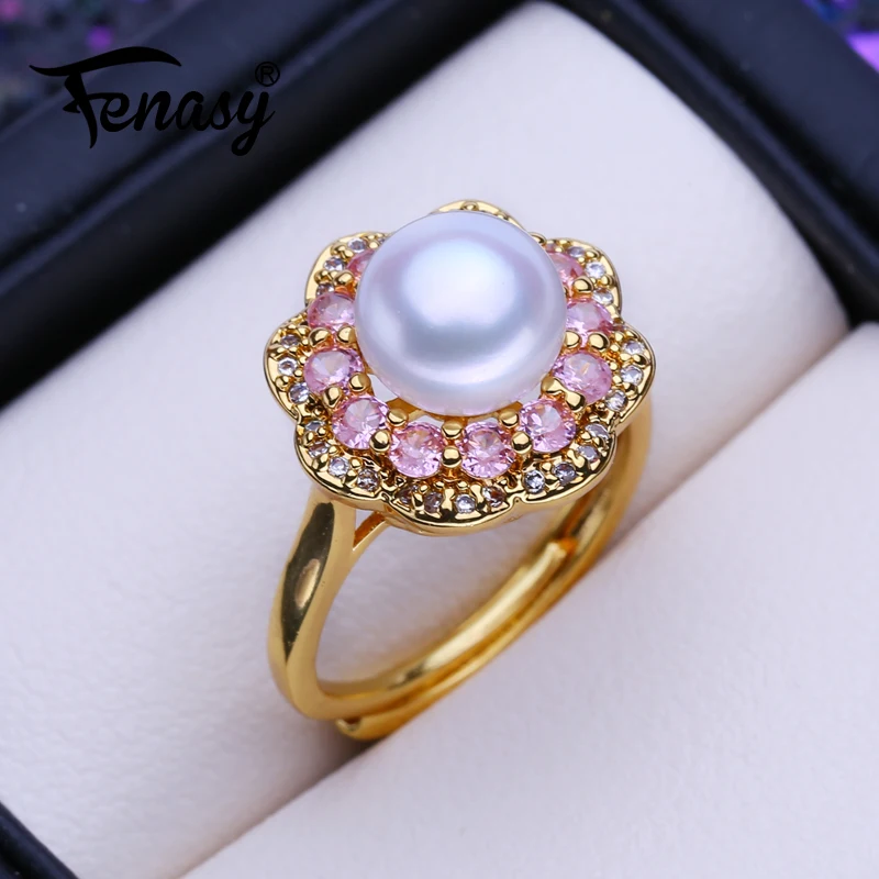 FENASY Natural Freshwater Pearl Zircon Gold Color Adjustable Women\'s Ring Fine Bridal Jewelry