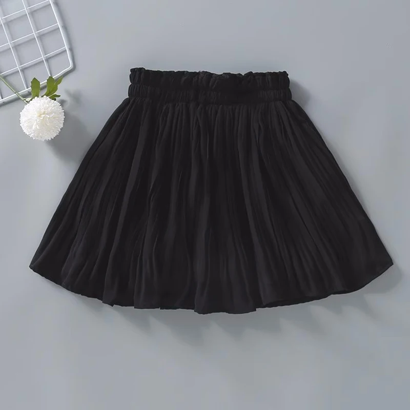 Children Chiffon Solid Princess Pleated Skirt Sweet Big Kids Tutu Skirts with Safety Pants Elastic Waist Mini Skirt for Girls