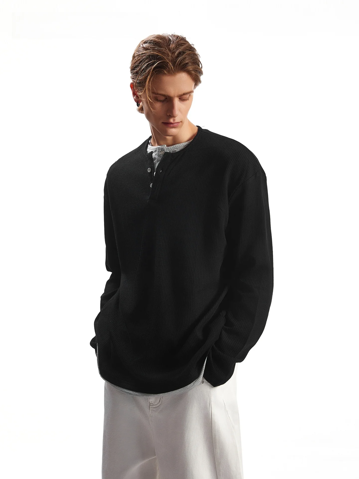 Camiseta Masculina SDAMDE Estilo Americano Casual com Gola Henley, Efeito Duas Peças, Manga Longa, Estampa Waffle, Primavera ...