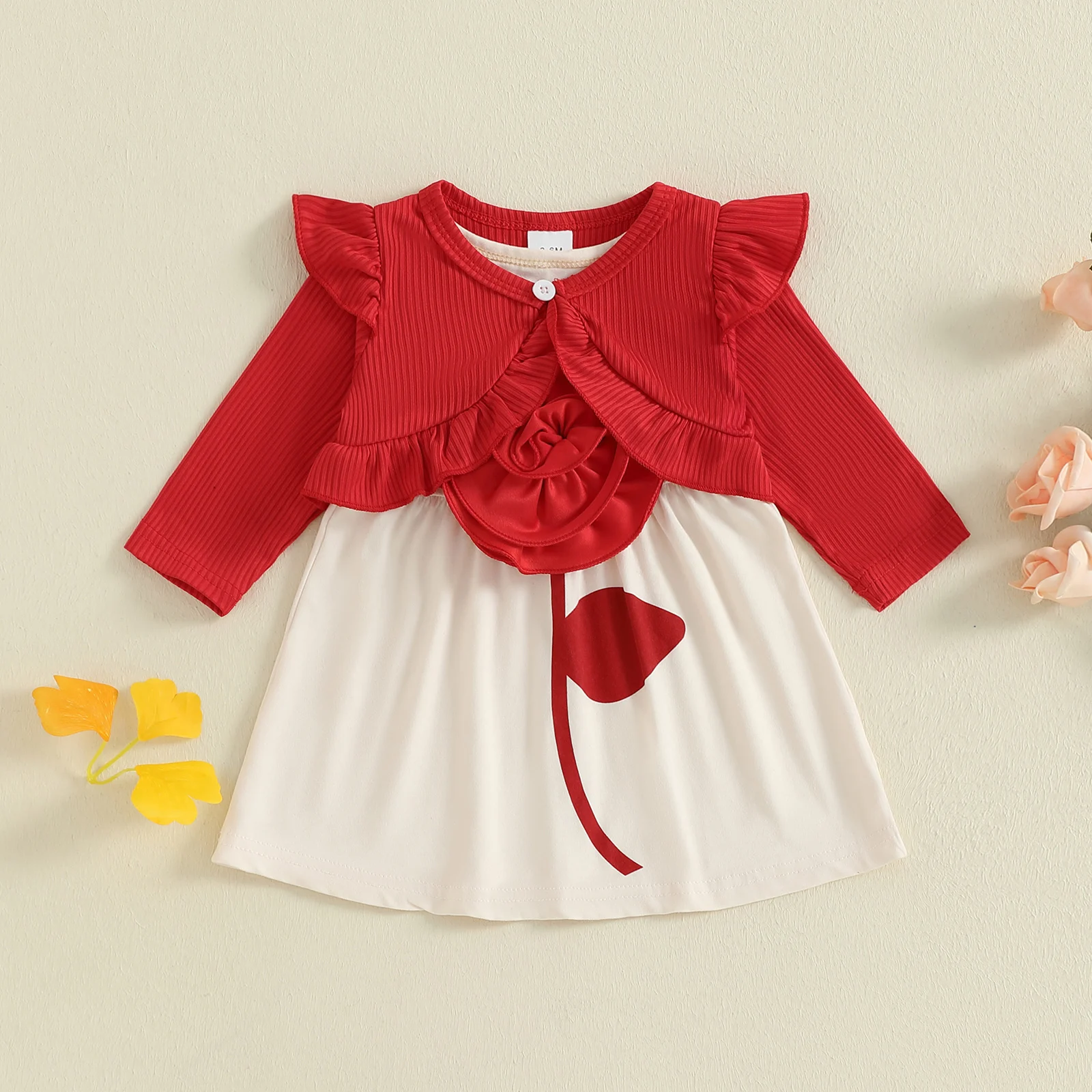 0-3Y Toddler Girl Fall Winter Outfits Long Sleeve Ruffled Cardigan 3D Flower Decor Sleeveless Tank Princess Dress Outfits
