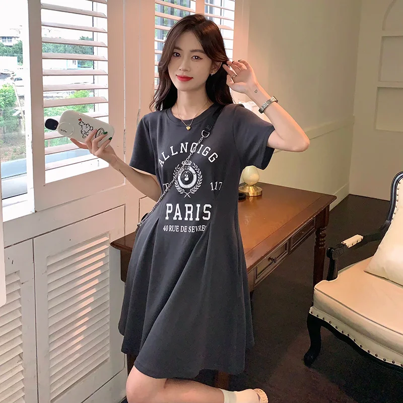 

Temperament Letter Printing T Shirts Dress Summer New Short Sleeve Loose Solid Color Midi Dress Casual Fashion Women Clothing