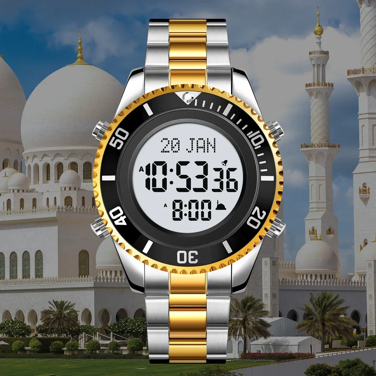 SKMEI Stainless Steel Digital Watch Muslim Azan Prayer Compass Clock Adhan Alarm Hijri Islamic Wristwatch with Back Light 2141