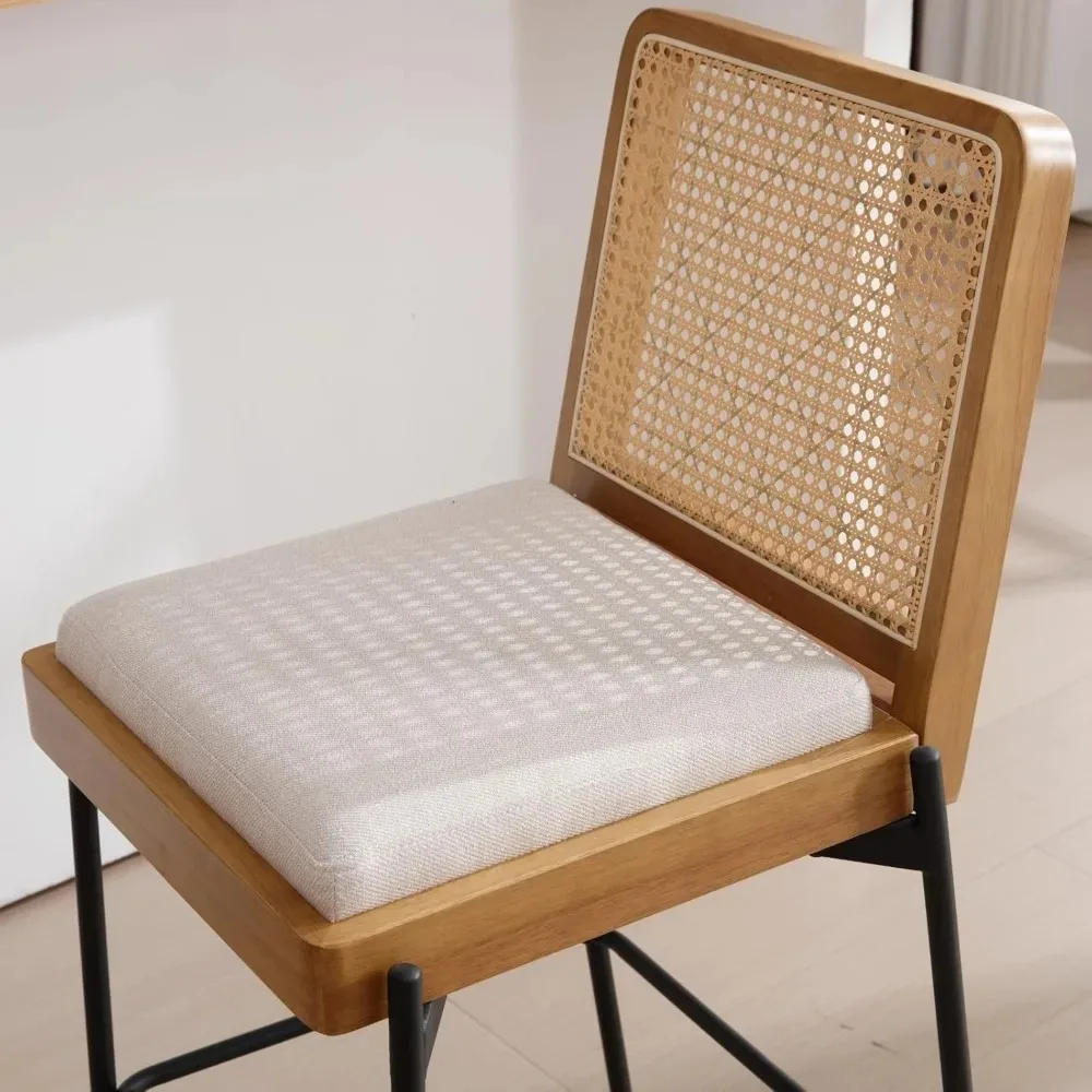 モダンなバースツール 2 個セット、カウンター高さ 26 インチ スツール、籐バック付き、リネン布張りのキッチンアイランドチェアバースツール、w