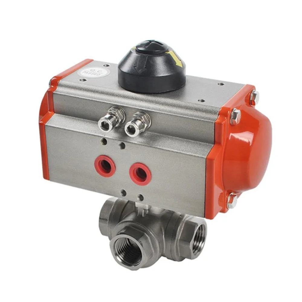 Stainless Steel NPT Thread Three Position 3 Way Spring Return Pneumatic Actuator Threeway Ball Valve