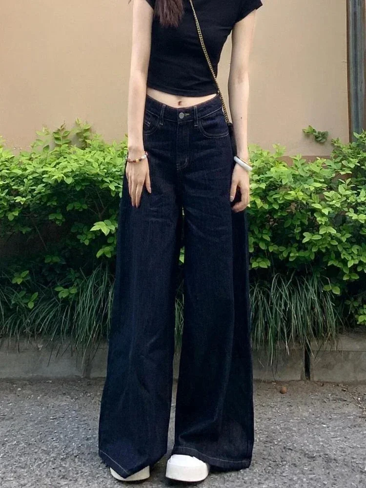 

Young Girl Bottoms Female Loose Straight Wide Leg Pants Women's High Waisted Dark Blue Jeans Summer Street Denim Trousers