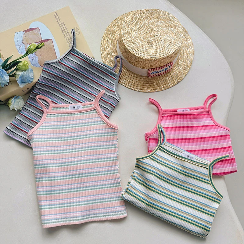 Summer Girls String Strappy Tops Girls Lovely Rainbow Stripes Vest Sleeveless Vest Cotton Tank Top Children Undershirt for 2-7 Y