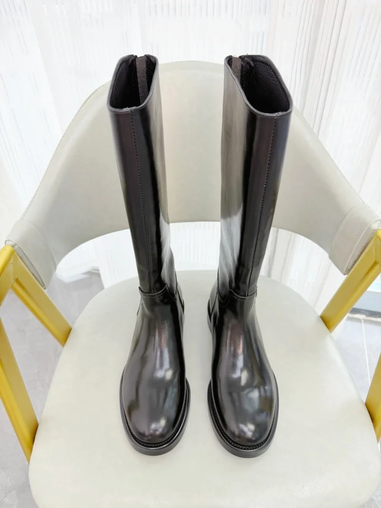 Winter Women Genuine Cow Leather Long Boots Round Toe High-Top Boots Block Heels Knee-Length Boots Top Quality Lady Footwear
