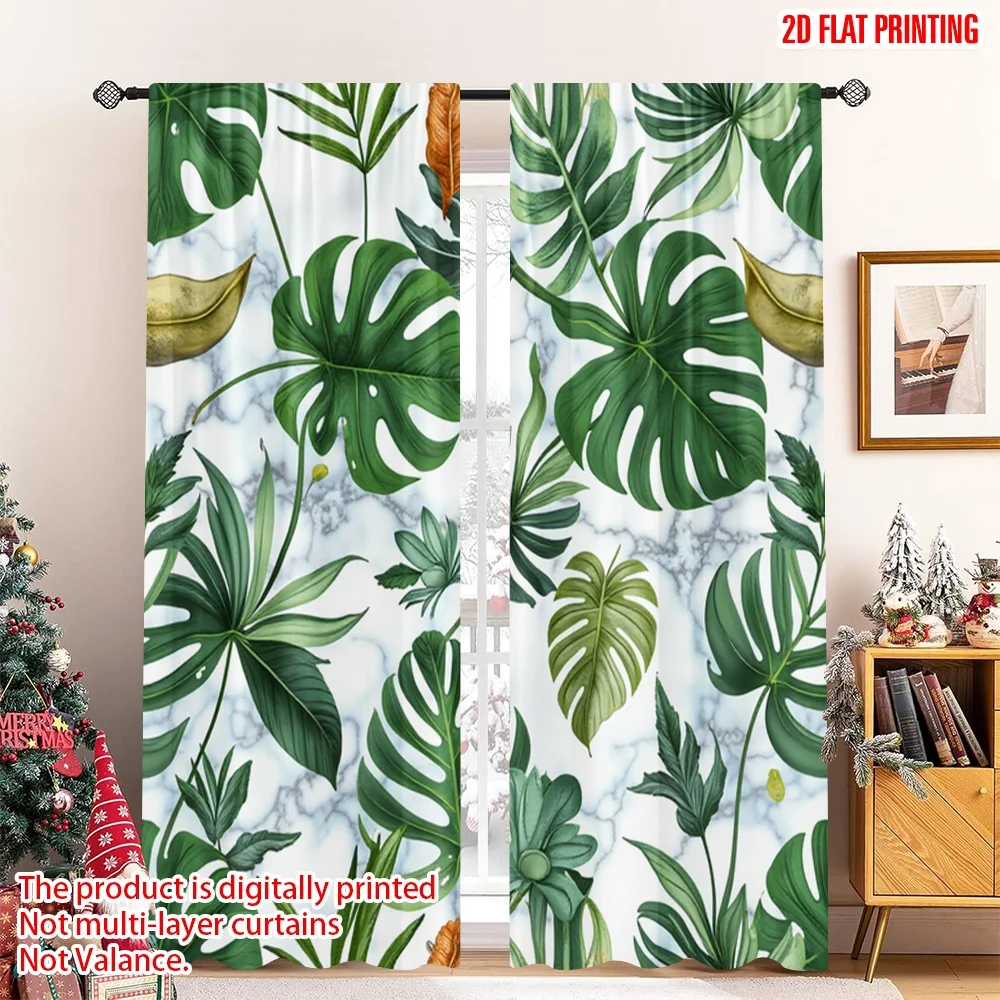 2pcs 2D flat printing Curtains Tropical Leaves Marble Green Digital Printed Polyester Drapes Party Decorations Perfect for