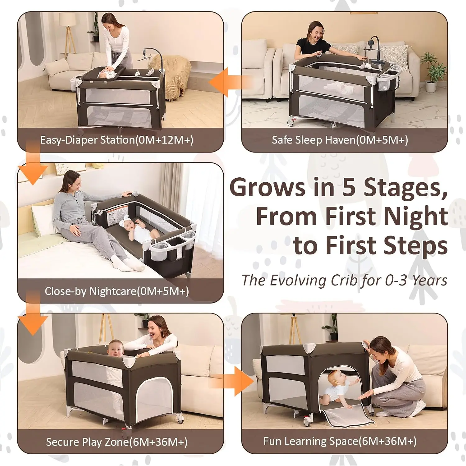 5-in-1 Baby Bassinet Bedside Sleeper, Foldable Pack and Play,One-Push Bedside Crib with Playard, Includes Mattress, Changing Tab