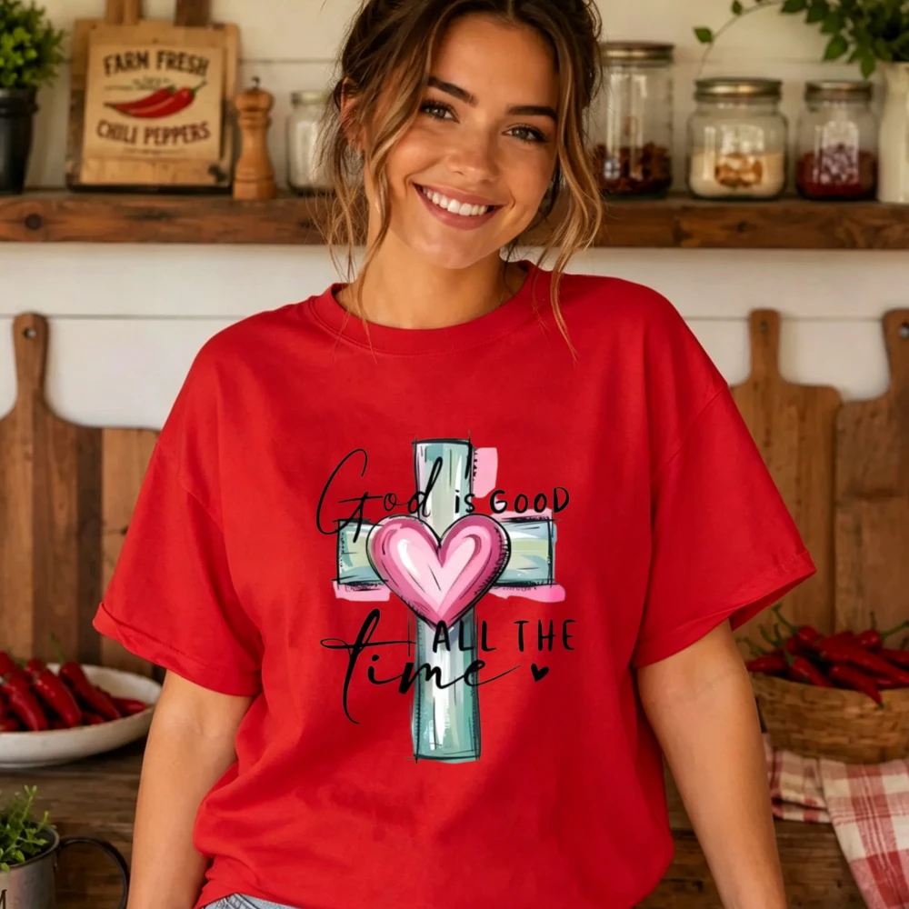 God Is Good All The Time Cross Pink Heart Watercolor Graphic T-Shirt Christian Religious Faith Women Loose Fit Casual Cotton Tee