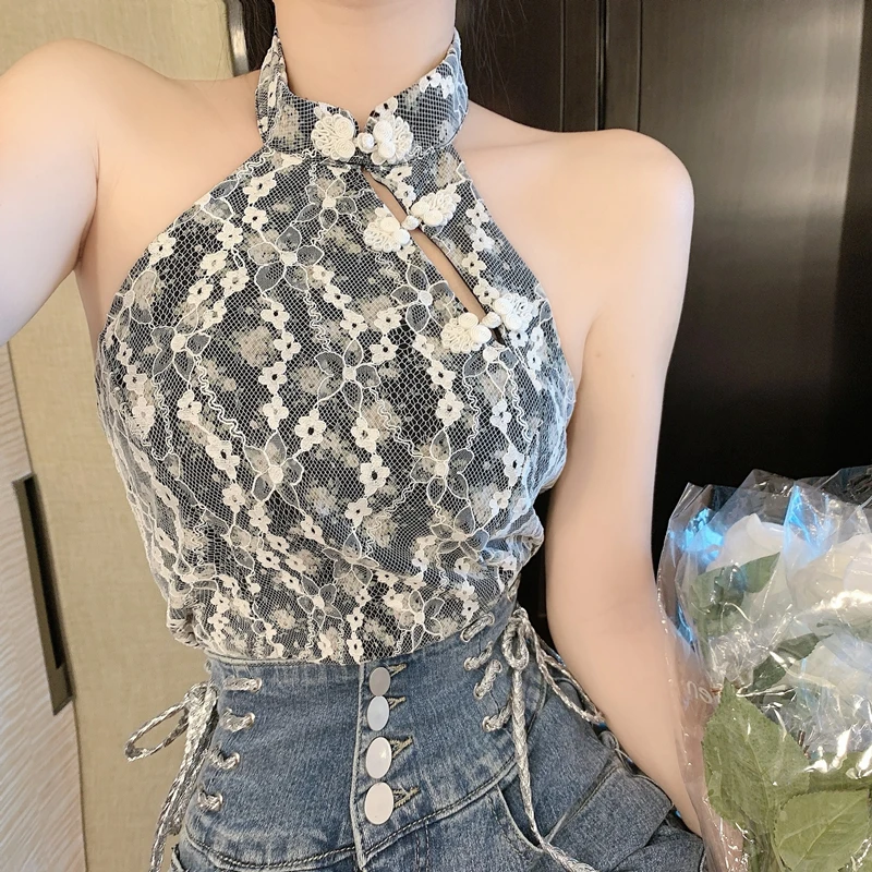 MiiiiX Chinese Style Elegant Embroidered Floral Lace Halterneck Vest Knot Button Design Crop Top 2024 New Summer Women's Clothes