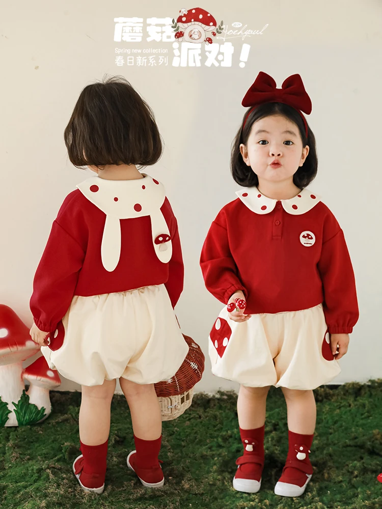 Girls\' New Mushroom Print Flip Collar Shirt Children Vest Sets