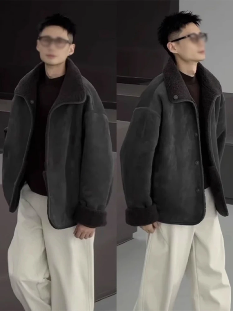 

Двусторонняя кожаная и хлопковая куртка для мужчин, зимнее пальто из овечьей шерсти и замши с коротким воротником, теплое повседневное пальто прямого кроя