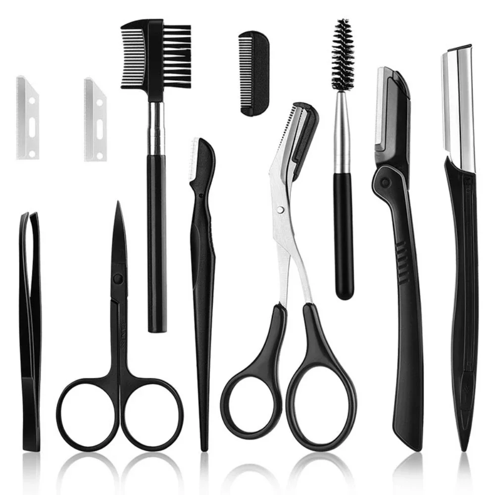 

11-piece Stainless Steel Eyebrow Trimmer Gadget Set Stainless Steel Eyebrow Tweezers Eyebrow Comb Razor