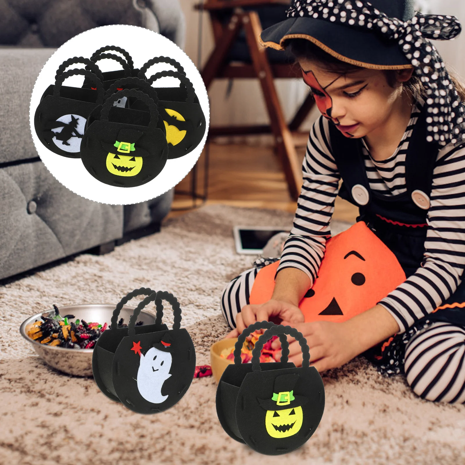 4 buah tas hadiah untuk anak-anak Halloween ember dengan pegangan permen hadiah kantong labu