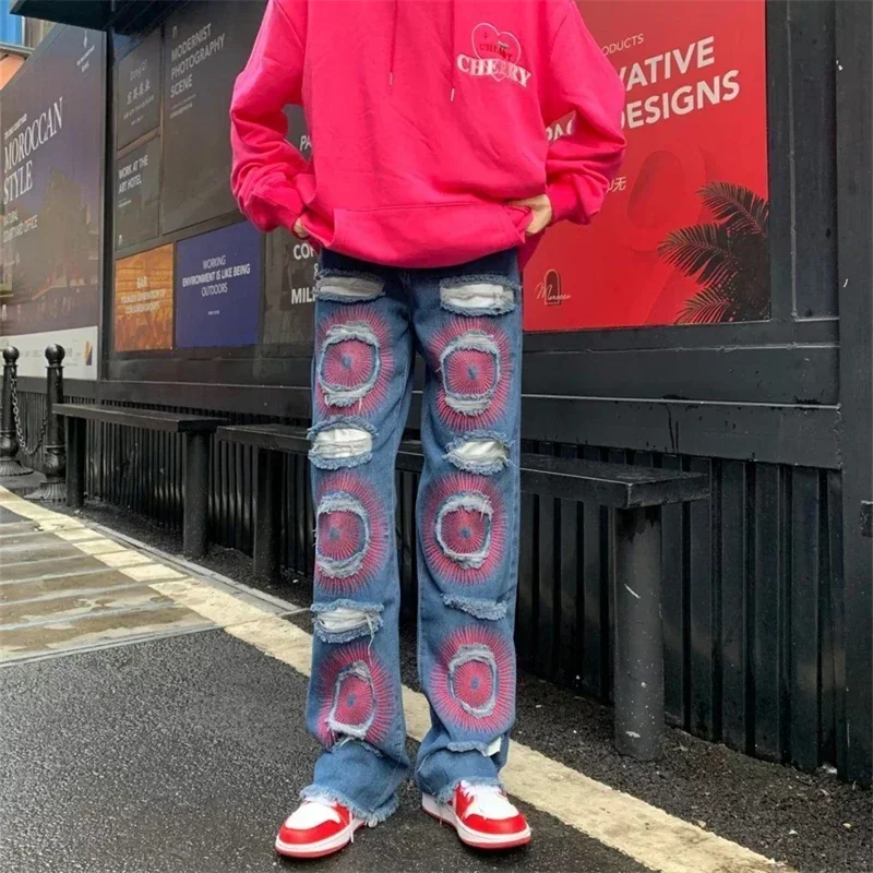 Women's Broken Hole Embroidery Unisex Jeans Cool Girl Wide Leg Street Vintage Baggy Pants Female Casual Straight Denim Trousers