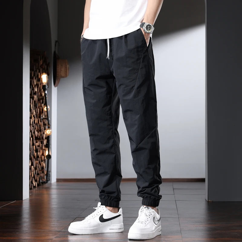 

Summer Black Baggy Pants Men Sport Casual Jogging Elastic Waist Drawstring Trousers