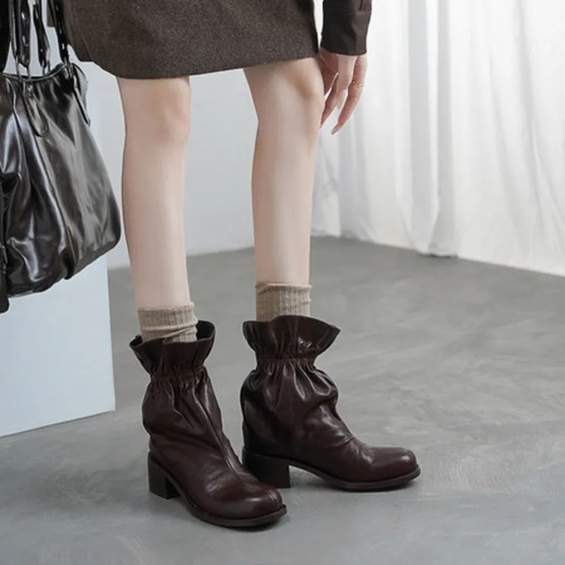 Women Washed Cow Leather Gathered Ruffle Ankle Boots Round Toe 5CM Block Heel Rubber Outsole Pigskin Autumn Boots F358