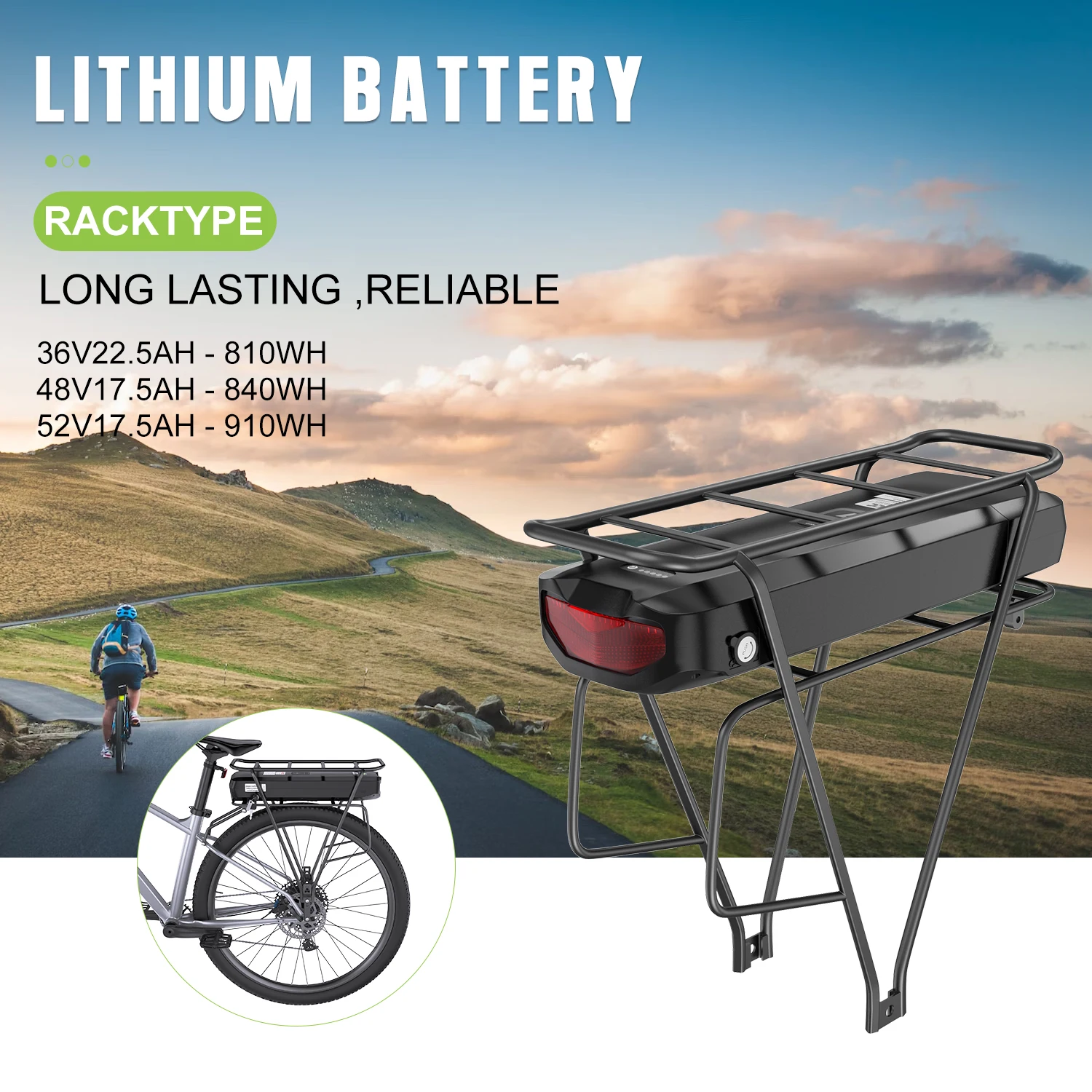 52V 48V 36V Ebike Battery with Rear Luggage Rack 17.5Ah 22.5Ah Lithium Battery Pack For BAFANG / Tongsheng Ebike Conversion Kit