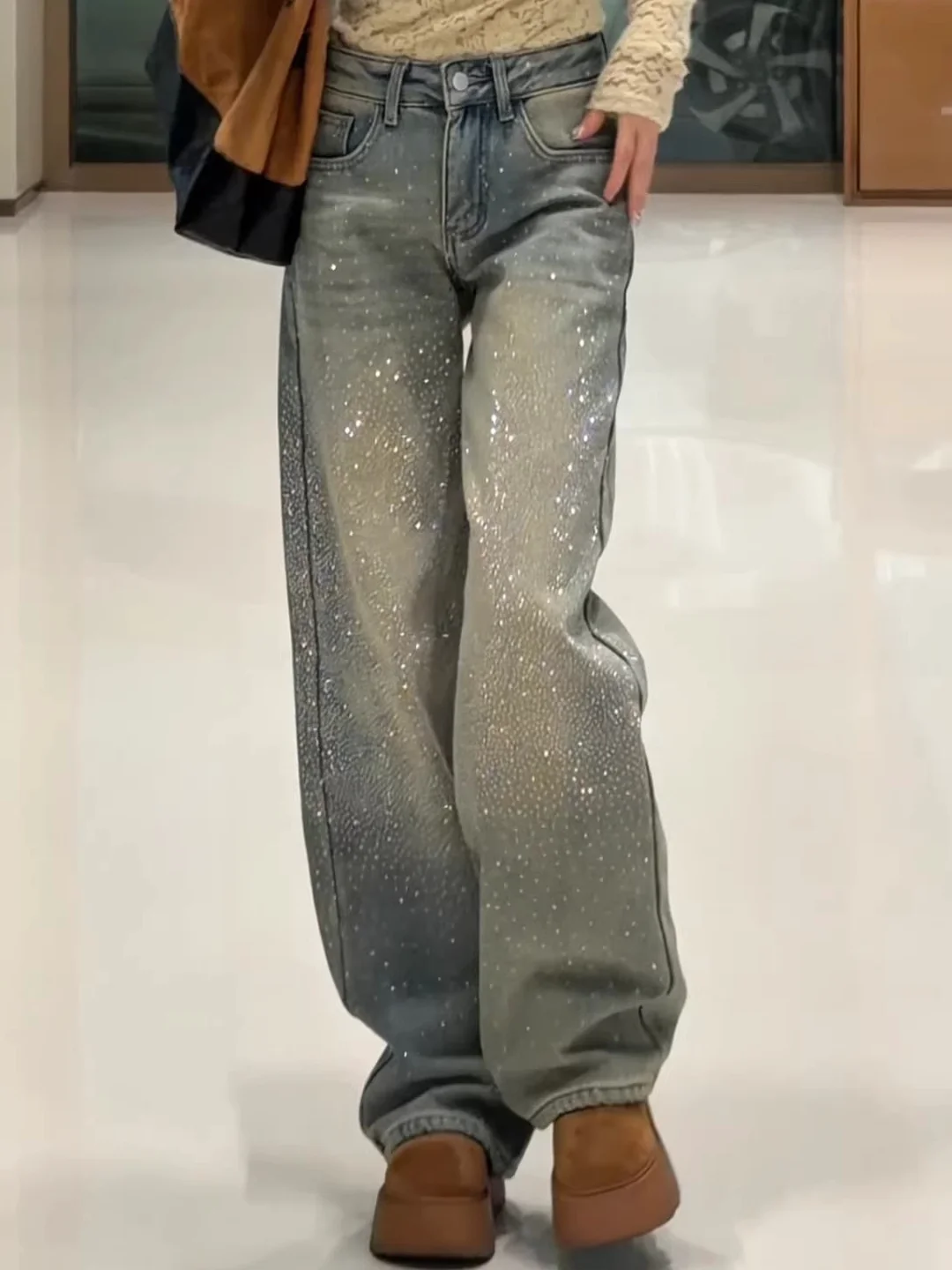 

Повседневные синие прямые джинсы со стразами в стиле ретро, женские длинные утягивающие брюки больших размеров, весна 2026, широкие джинсы с высокой талией