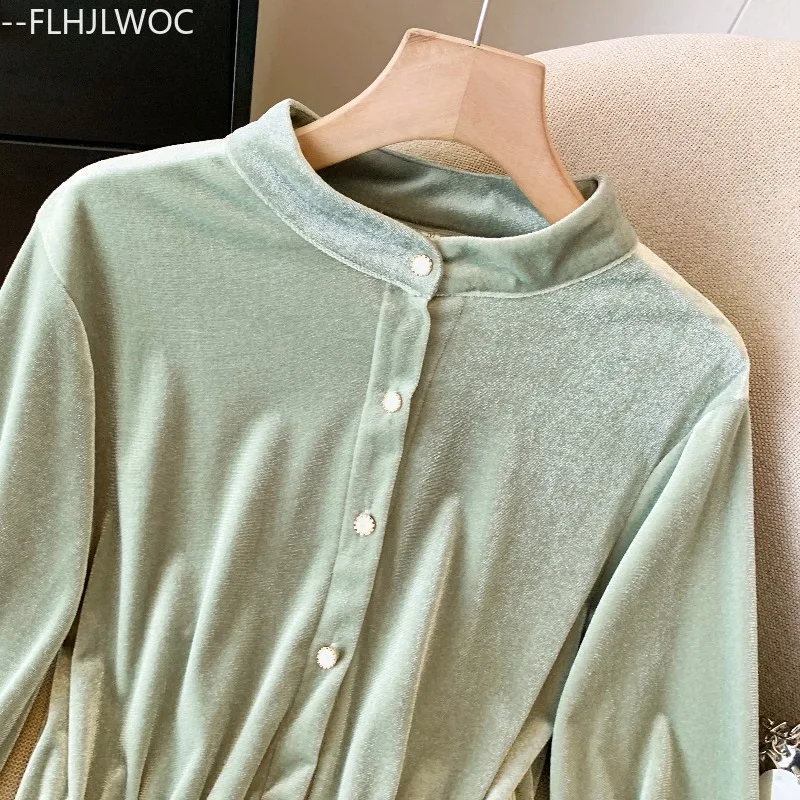 Neue Jahr Weihnachten Samt Tops Bluse Mode Frau Herbst Winter Grundlagen Langarm Nette Mädchen Retro Stehkragen Schößchen Shirts