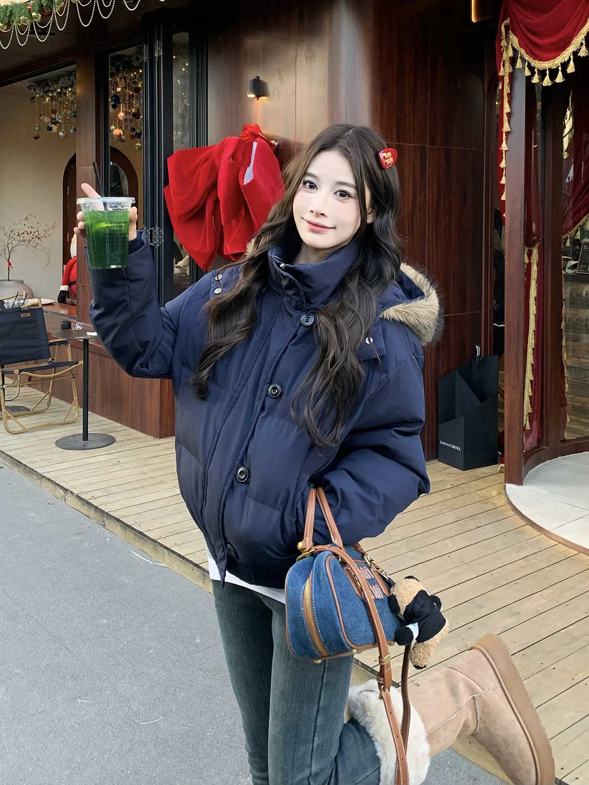 

Women's Thiened Winter Coat with Large Fur Collar ort Sli Slim Fit Hooded Cotton Jaet Korean Sle Commute Wear