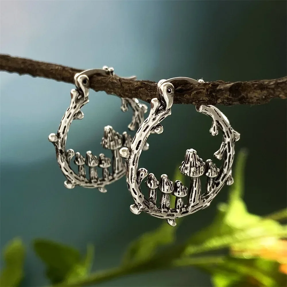 Ancient Silver Color Tree Branch Mushrooms Hoop Earrings for Women Metal Carving Tribal Drop Dangle Earings Boho Ethnic Jewelry