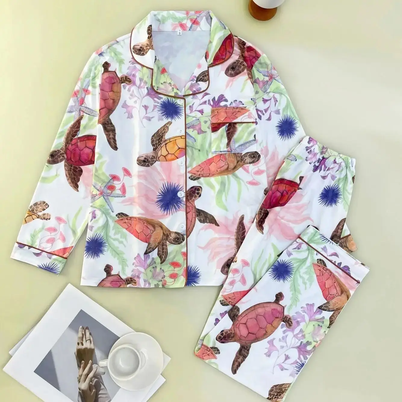 

Fresh white background ocean element sleepwear women's lapel long sleeved pants casual and comfortable summer home set