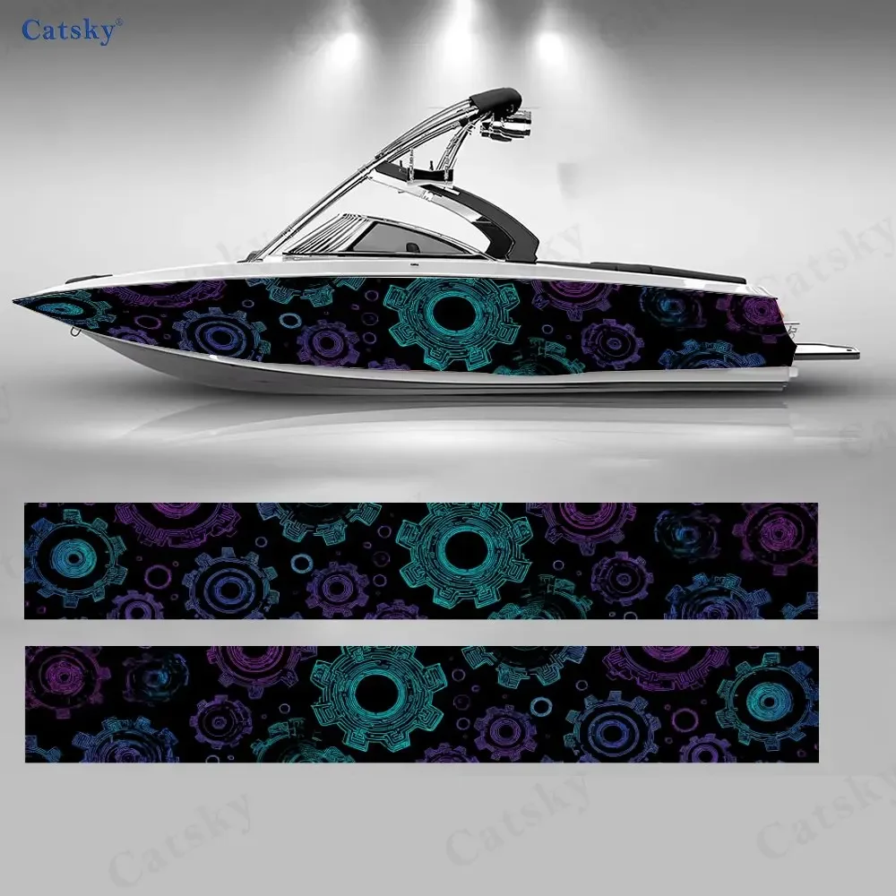2Pcs Cyberpunk Gear Pattern Boat Stickers, PVC Waterproof Durable Vinyl Wrap Decals for Fishing Boat, Durable and Stylish Design
