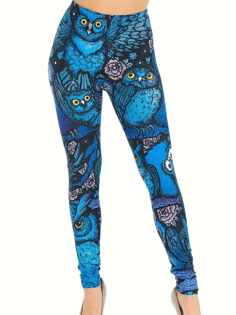 Owl print slim-fit elastic waist basic casual female leggings wear every day