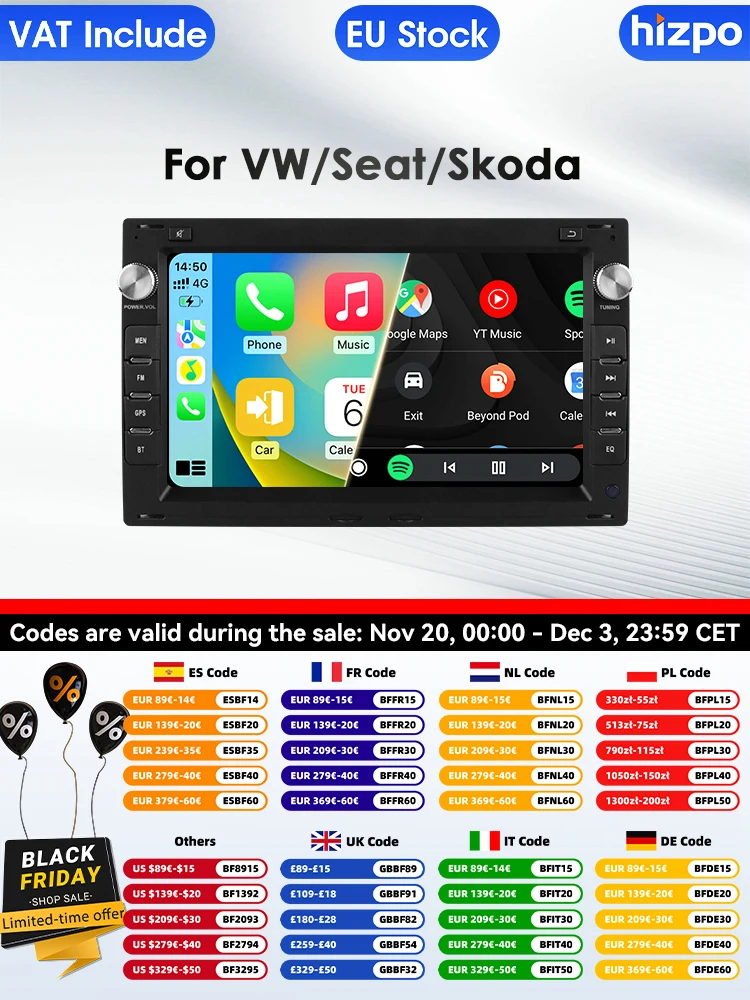 Hizpo 2 Din Android 14 Auto-Multimedia-Player für VW Golf 4 Passat POLO Transport T5 GPS Carplay 4G Intelligenter Bildschirm Autoradio