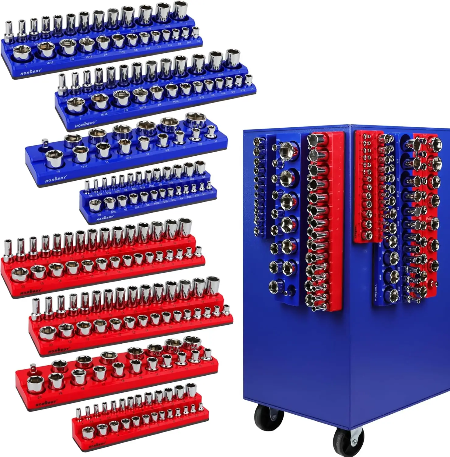 

8-Piece Magnetic Socket Organizer Set, Holds 199 Sockets, 1/4" 3/8" 1/2" Drive, SAE & Metric Trays