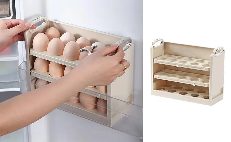 

3 Layers Anti-slip Side Door Egg Box With Handle And Time Scale Refrigerator Egg Dispenser Kitchen Egg Storage Box Egg Rack