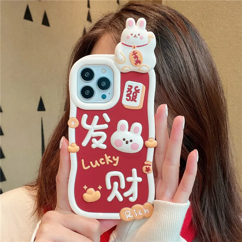 Japan Pop Cartoon maneki-neko Case For iphone 15 13 12 14 Pro Max i11 13pro 15PM 3D rabbit Silicone Cute Phone Cover new year