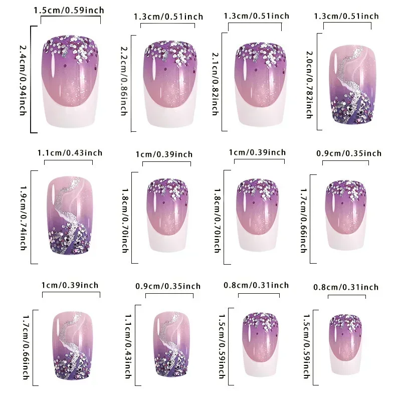 24 stks Explosieve Flash Nepnagels Taro Paars Druk op Nagels Franse Witte Rand Kunstnagels Volledige Dekking Acryl Nagel Set Druk Ons