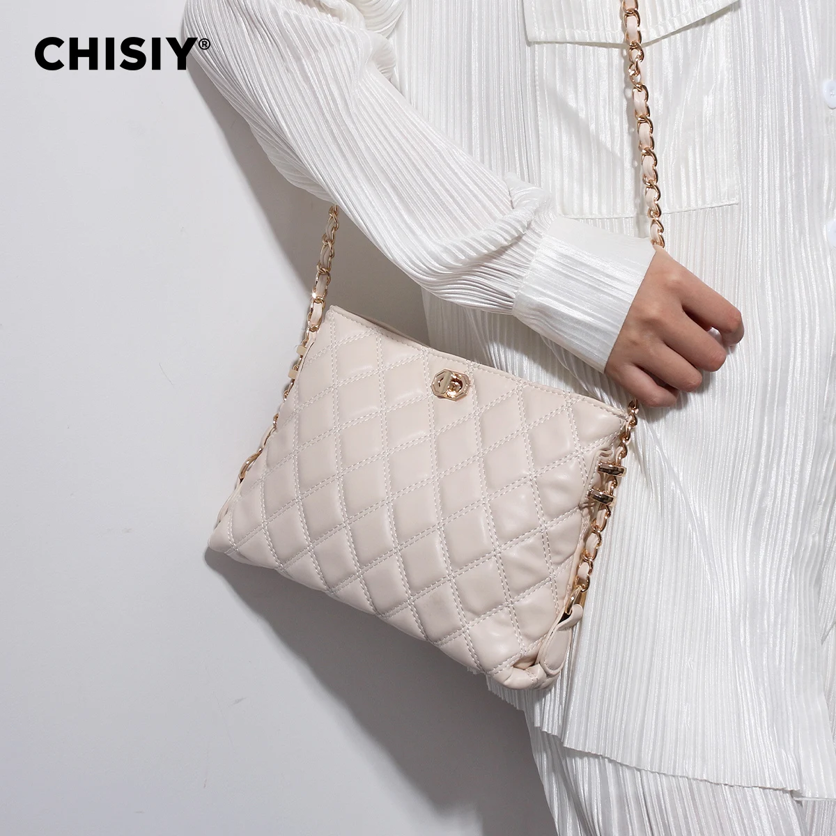 1pc Chisiy Original Handmade Diamond Pattern European Chain Shoulder Bag, Designed With Metallic Fastener, Pink Faux Leather