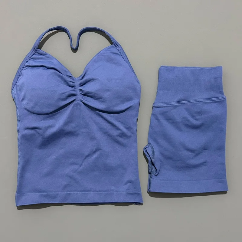 HITELLO Gym-Shorts-Set für Damen, nahtlos, Yoga, Longline-Top mit Trägern, Scrunch-Butt-Workout-Shorts-Set, Fitness, zweiteiliger Sportanzug – Detail 17