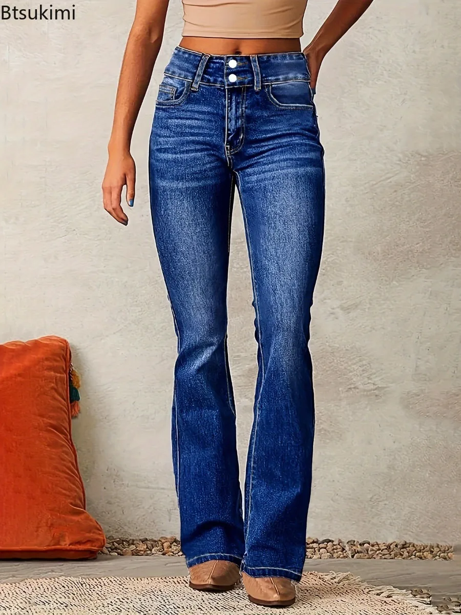 Jeans Flare Pant Women Denim Long Pants Bodycon Casual Y2k Elegant Vintage Button Pocket Straight Trousers Fashion Streetwear
