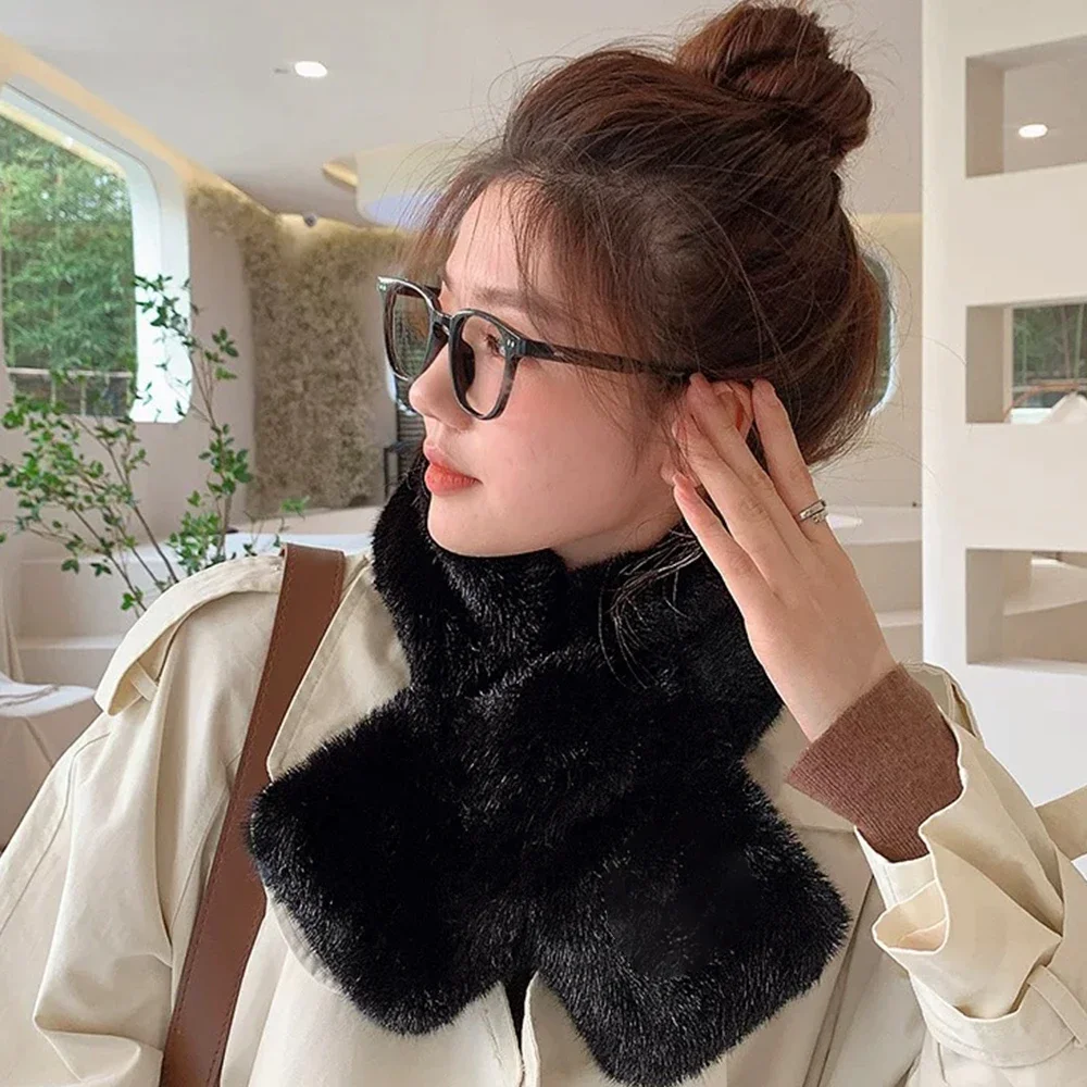 Winter Warm Thicken Scarfs for Women Solid Color Faux Rabbit Fur Plush Cross Collar Scarf Shawl Elegant Warm Soft Neck Scarf