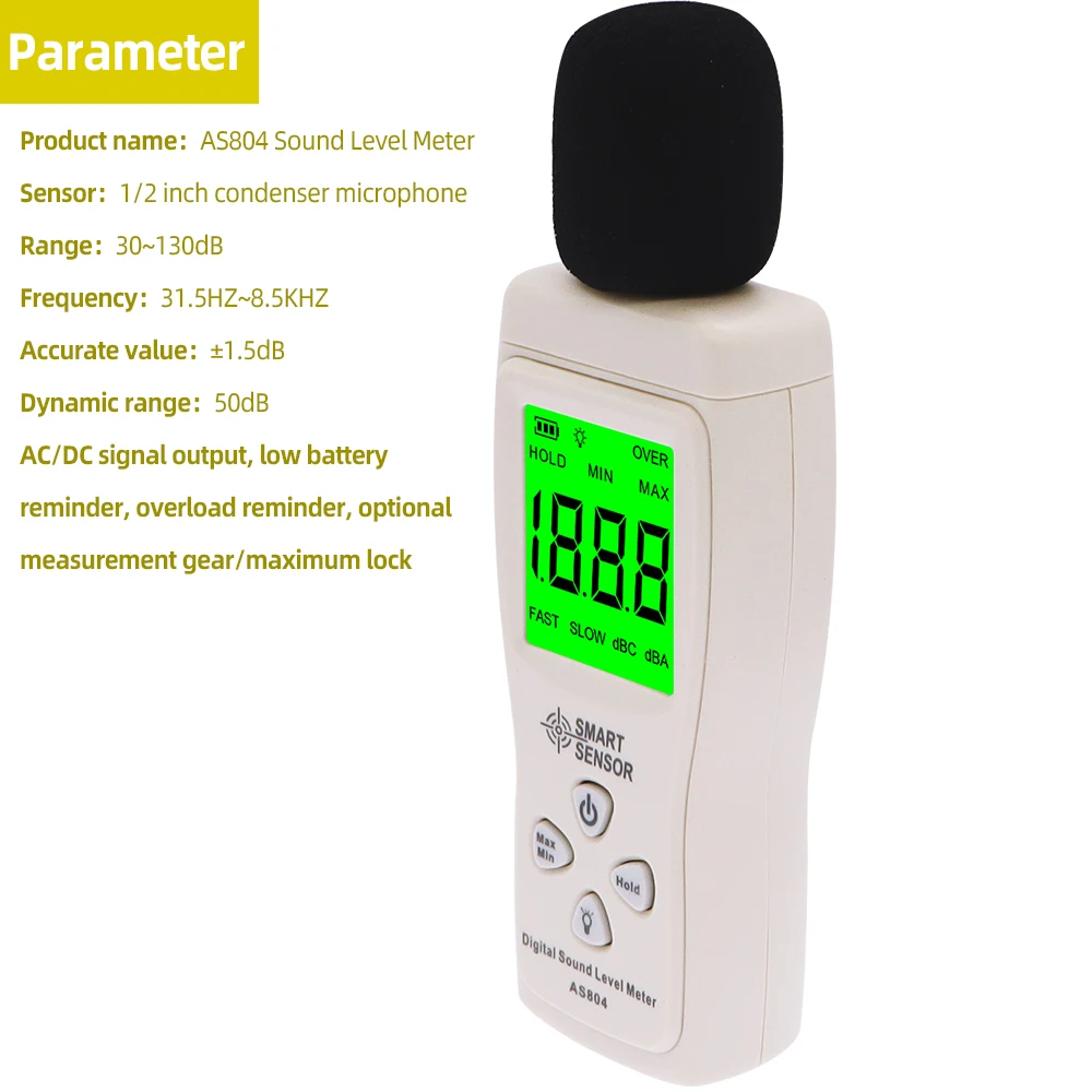 Smart Sensor AS804 Digital Sound Level Meter 30-130dBA Noise Monitoring Decibel Analyzer Portable Noise Meter for Library Office