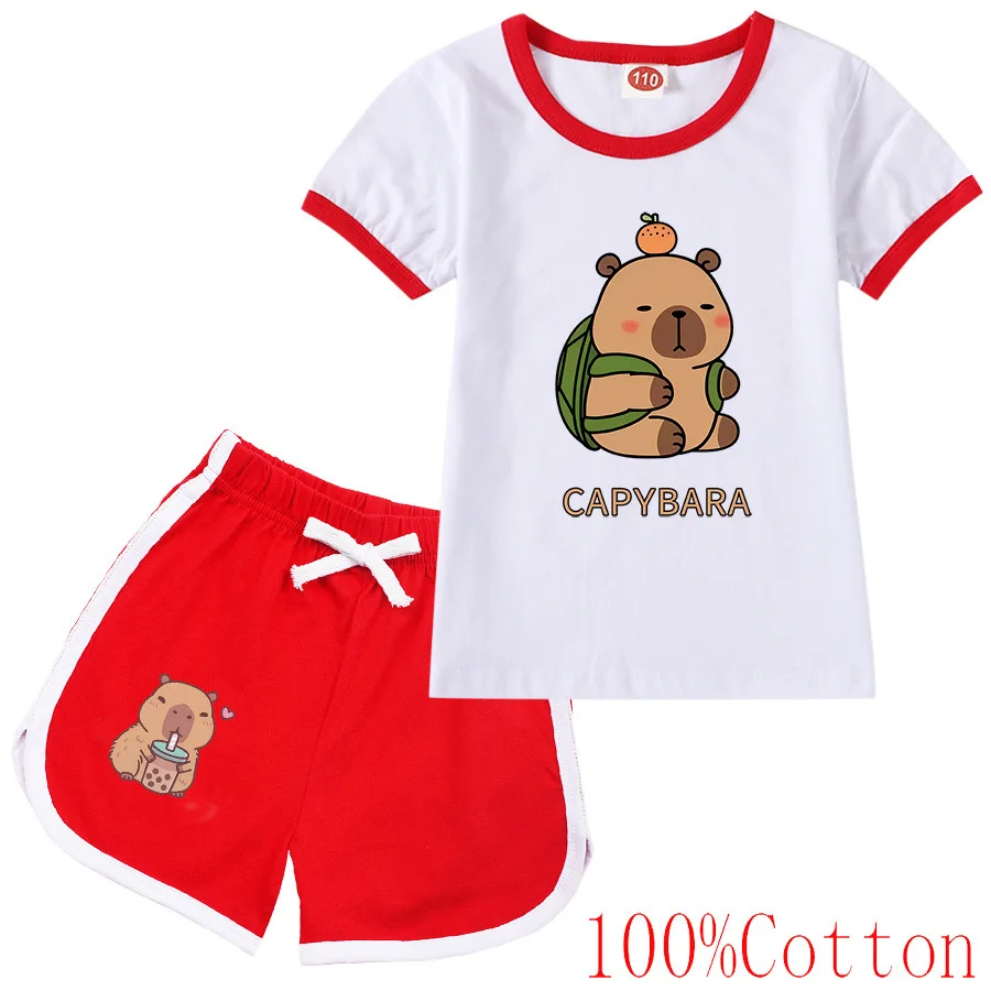 

Новинка 2022 года, одежда Copybara, детская милая футболка и шорты Capivara, комплект из 2 предметов, одежда с короткими рукавами с героями мультфильмов для мальчиков, спортивные костюмы для девочек