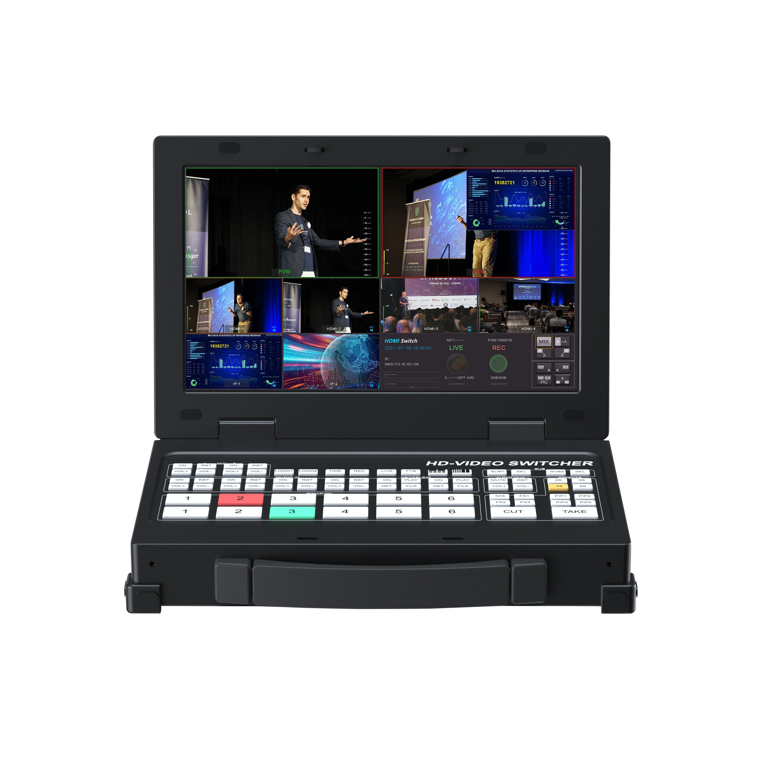 Multiview live streaming 4xH DMI inputs 6 channel audio video switcher mixer for church telemedicine concerts broadcast