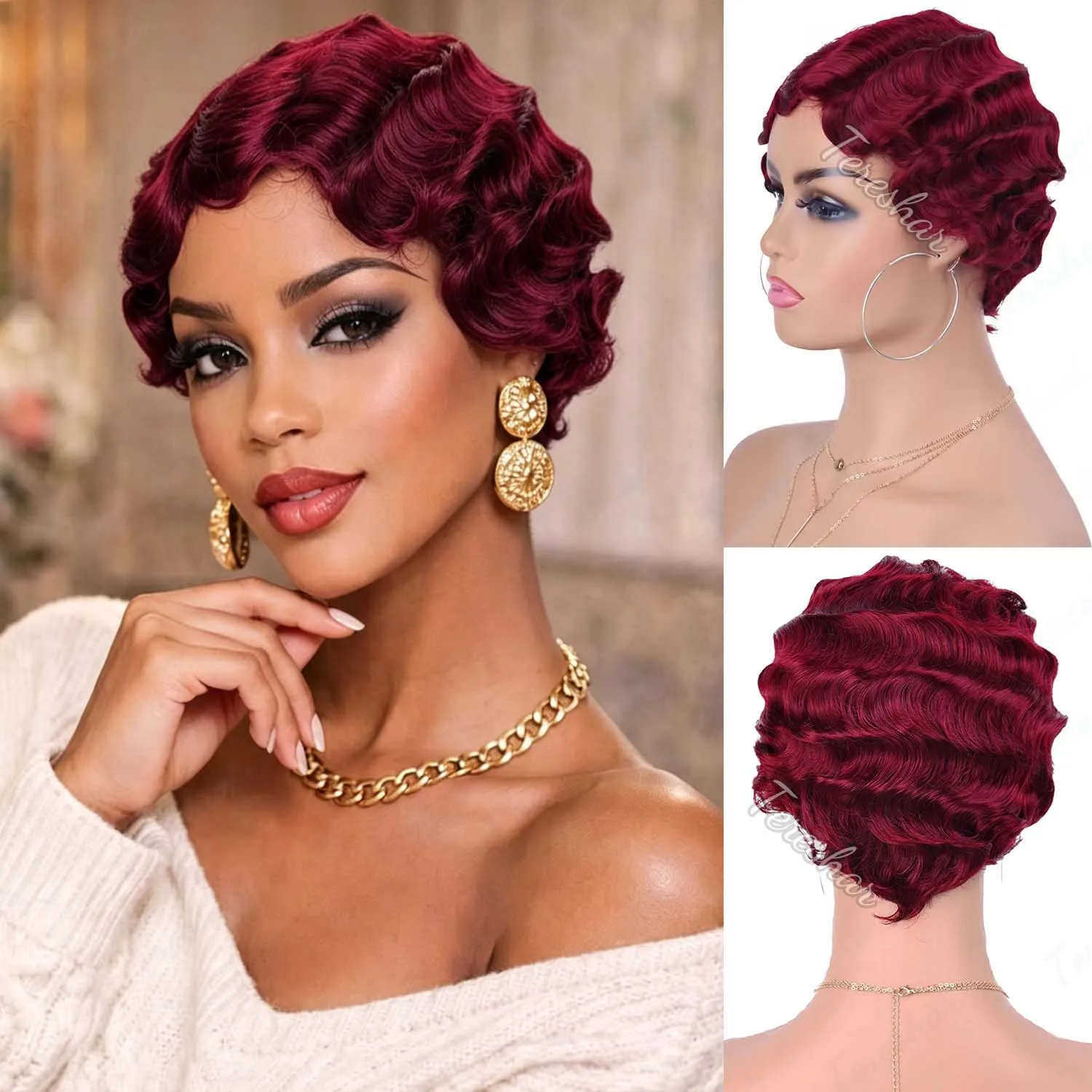 Peluca sintética corta estilo pixie para mujeres negras, peluca ondulada con dedos rizados, peluca linda estilo Nuna, peluca estilo mamá, para cosplay de los años 20, fiesta de Halloween, uso diario